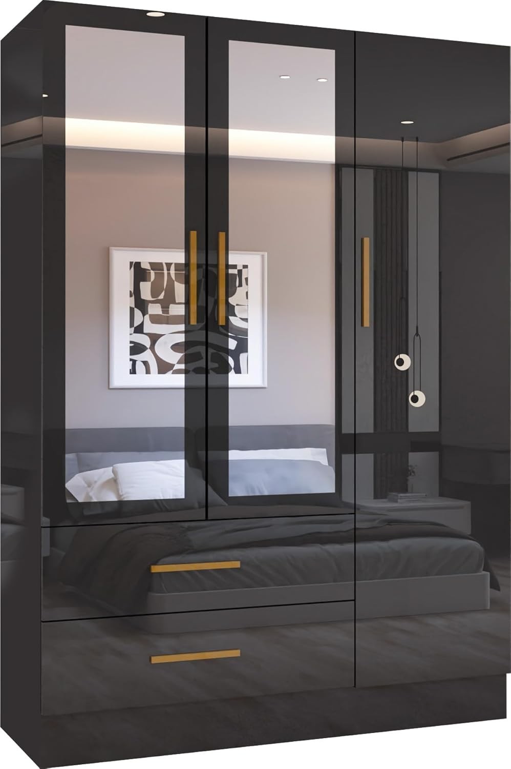 Modern 3 Door Black High Gloss Wardrobe with Mirror, Drawers & Hanging Rails