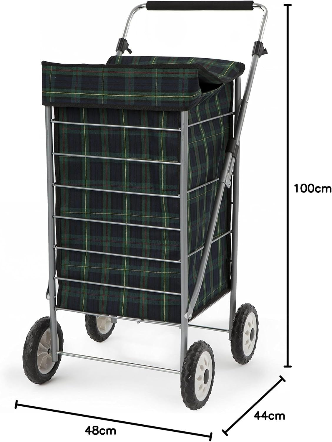 60L 4-Wheel Shopping Trolley Blue & Green Tartan Adjustable Handle Steel Frame