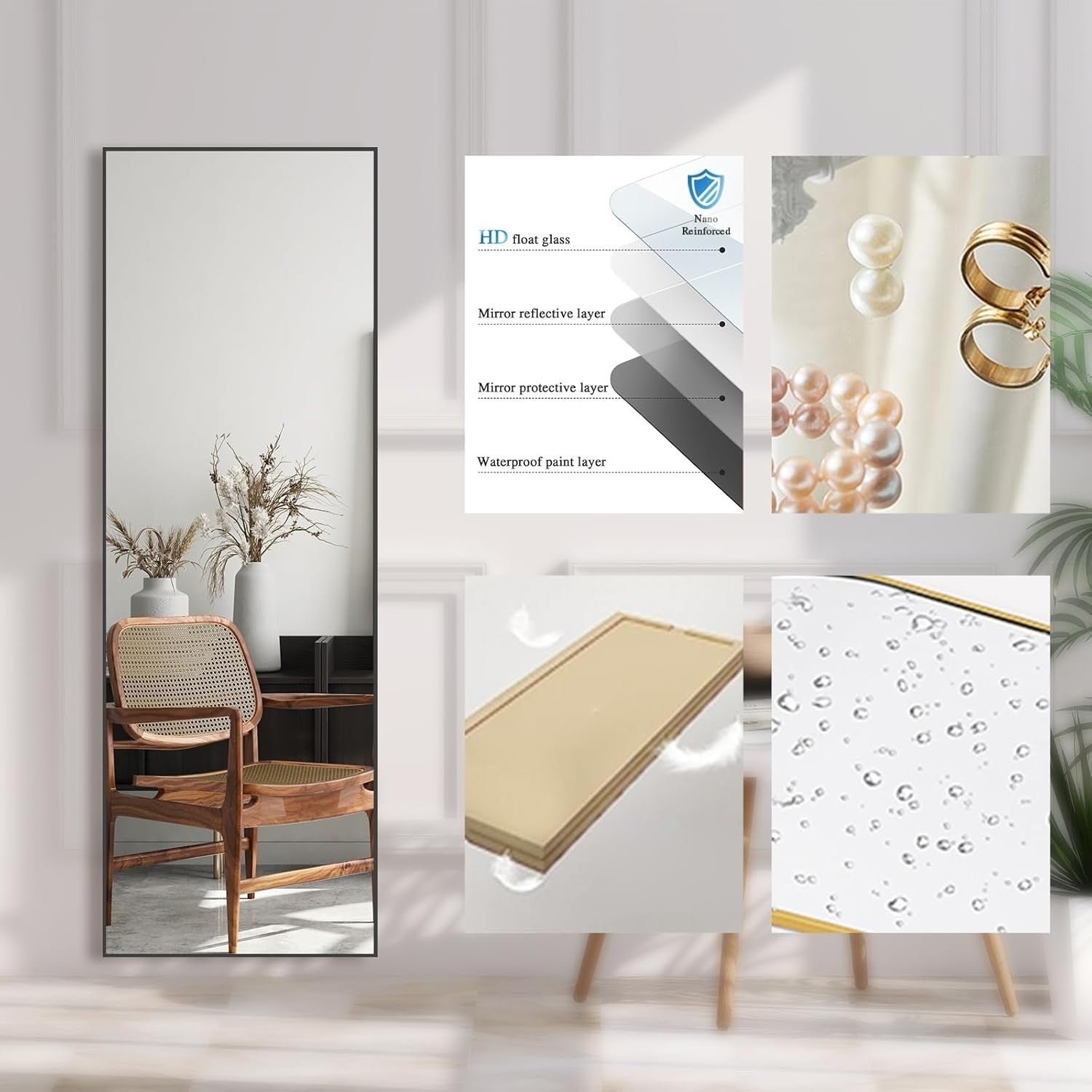 Large Full Length Floor Mirror 165x60cm Black Frame Modern Design