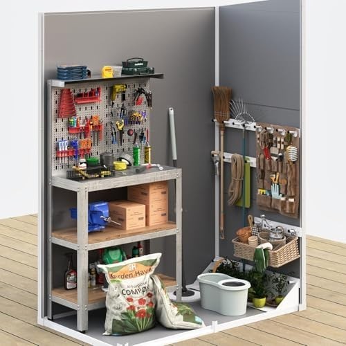 Plastic Garden Shed 5x3FT Outdoor Storage with Lock, Window & Floor Grey White