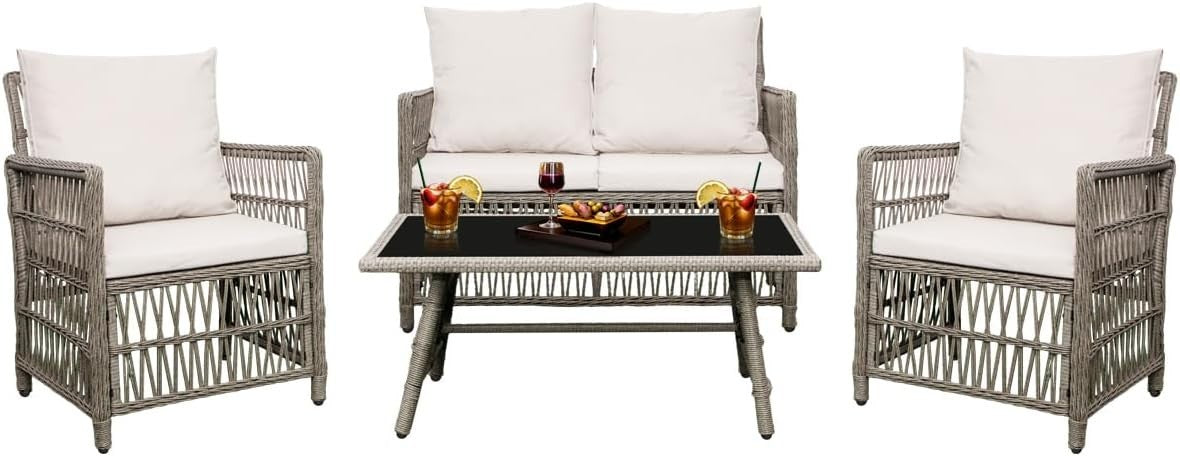 Rattan Garden Furniture Set 4 Piece Outdoor Sofa Set w/ Cushions Patio