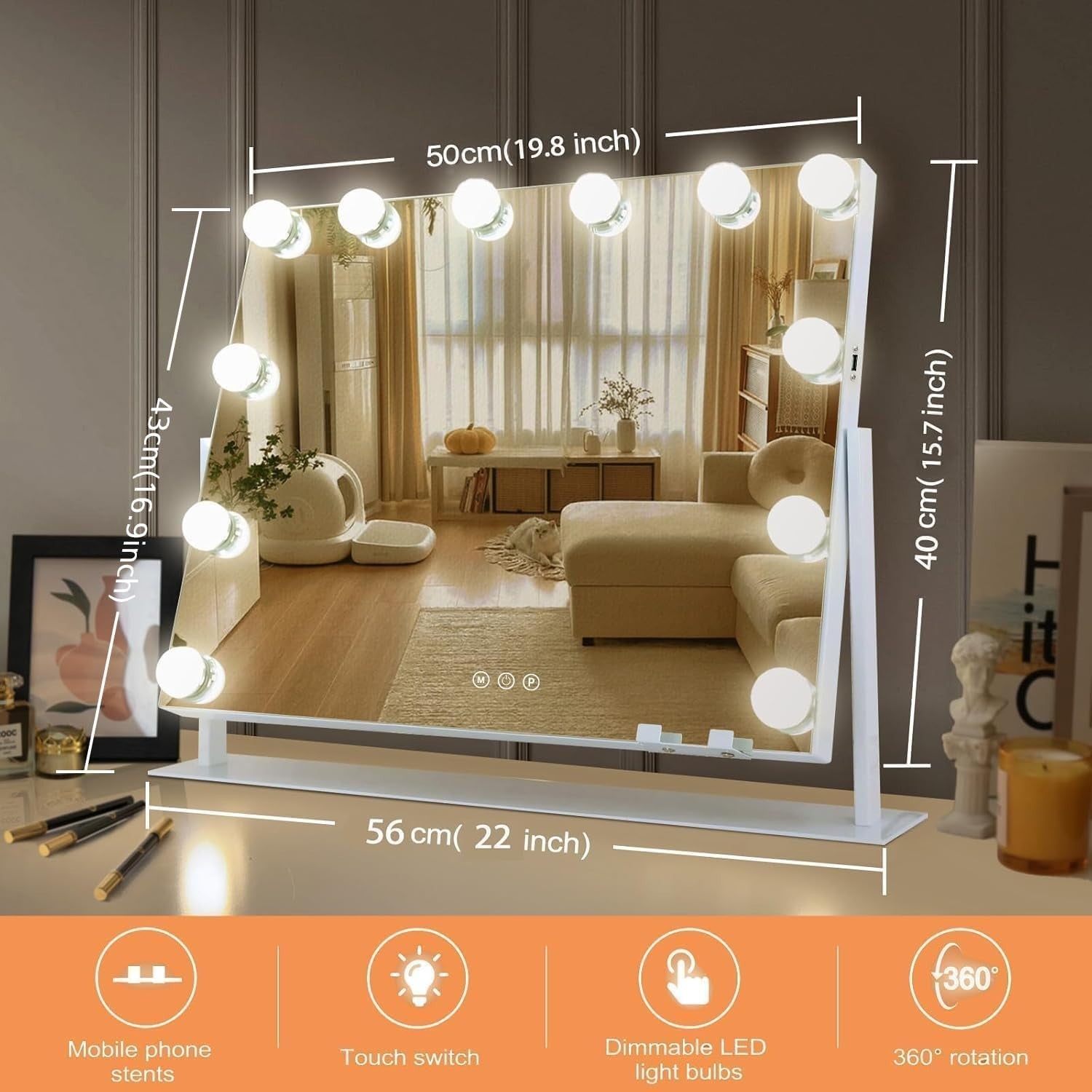 LED Makeup Mirror 50x40cm with 3 Light Modes, 10X Magnifier, Touch Control