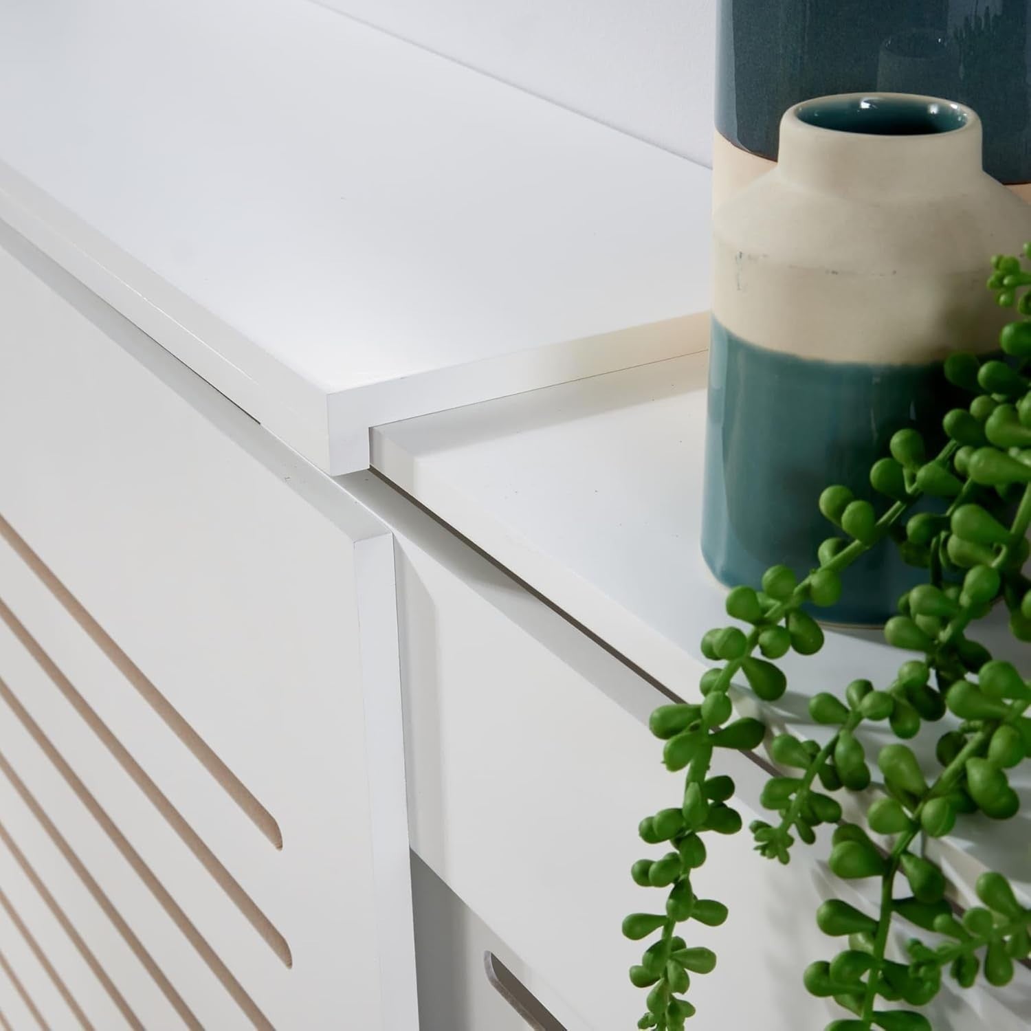 Adjustable White Radiator Cover Wooden Slatted Grill Cabinet 203x22x82cm