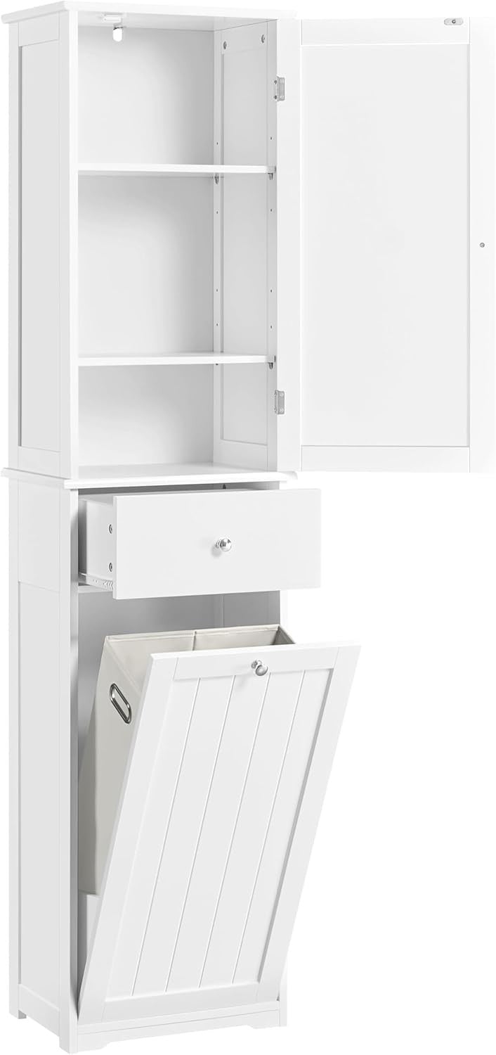 Tall Bathroom Laundry Cabinet with Hamper Drawer Storage Unit White