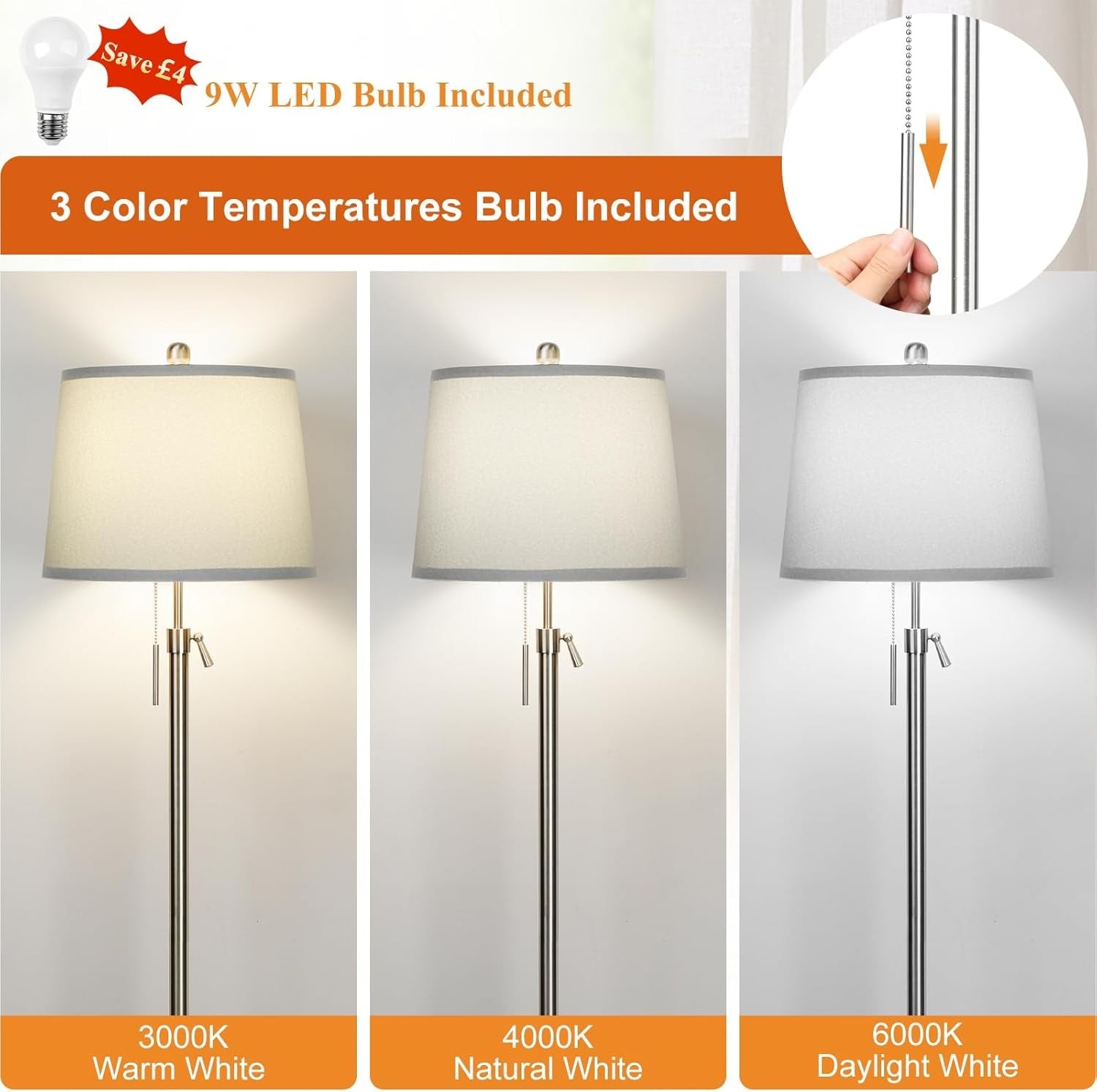 Adjustable Floor Lamp Silver Height Adjustable 3 Colour LED Standing Light