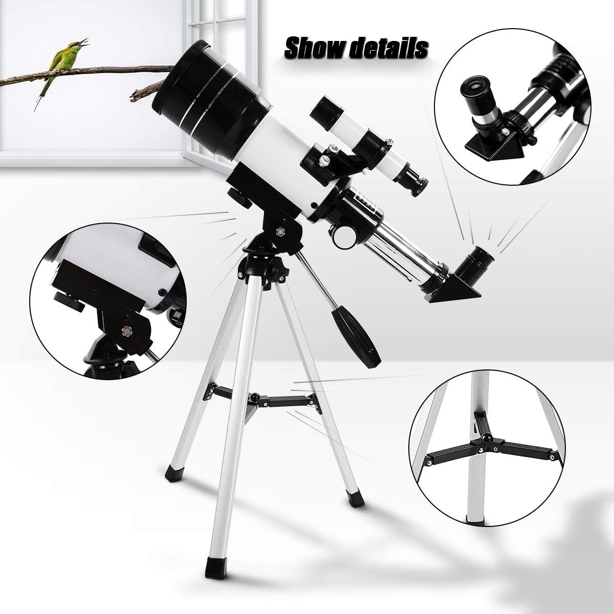 70mm Kids Refractor Telescope 150X Portable White Tripod Set Beginners