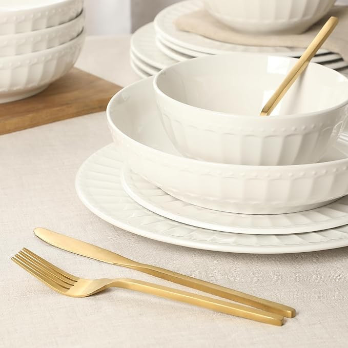 16pc White Embossed Dinnerware Set Plates Bowls Pasta Dish Service for 4