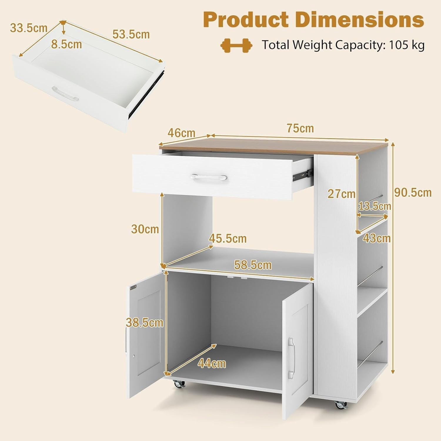 Kitchen Island Trolley White Natural with Spice Rack