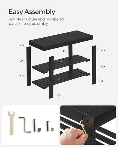 Black Bamboo Shoe Bench with 3-Tier Storage | Entryway & Hallway Seat