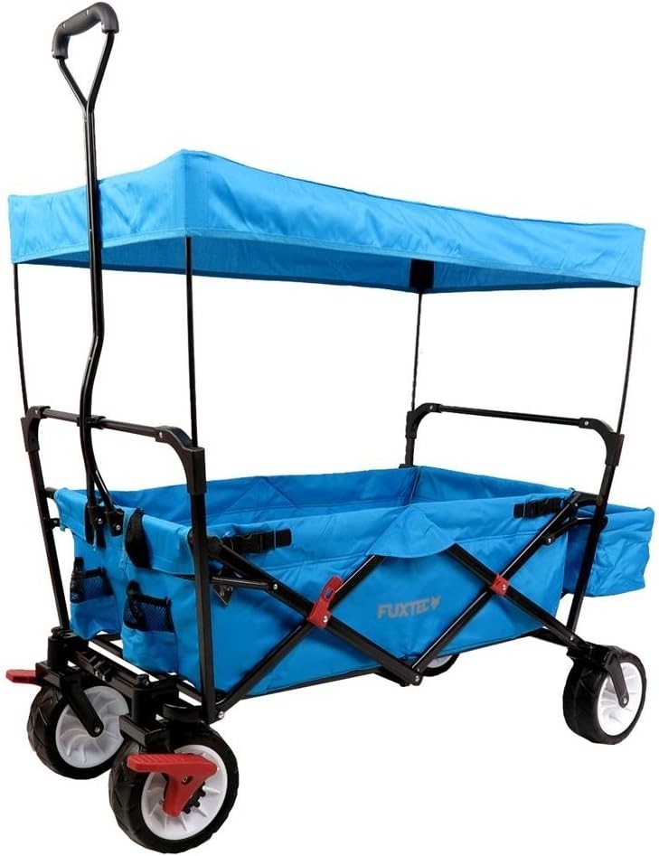Blue Folding Wagon w/ Canopy Compact Pull Cart Outdoor Garden Trolley w/ Bag