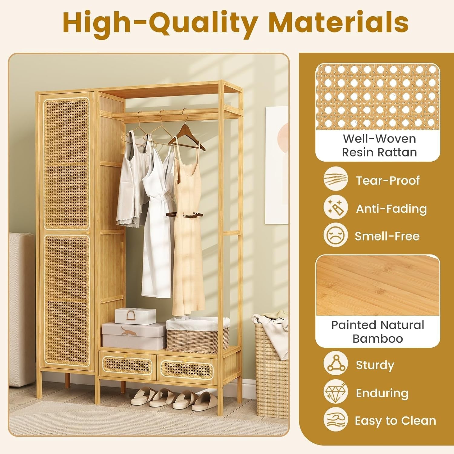 Bamboo Clothes Rack with Drawers & Rattan Shelving Unit
