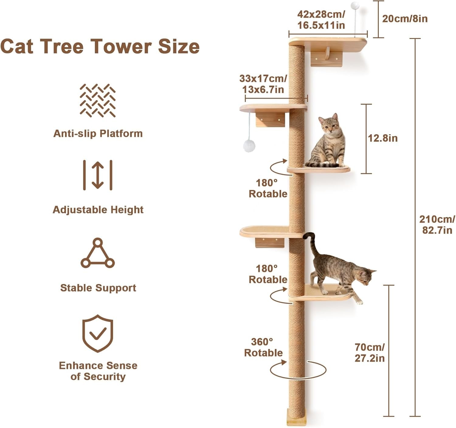 Tall Cat Tree 210cm Floor to Ceiling Wall Mounted Scratching Post 5 Tier