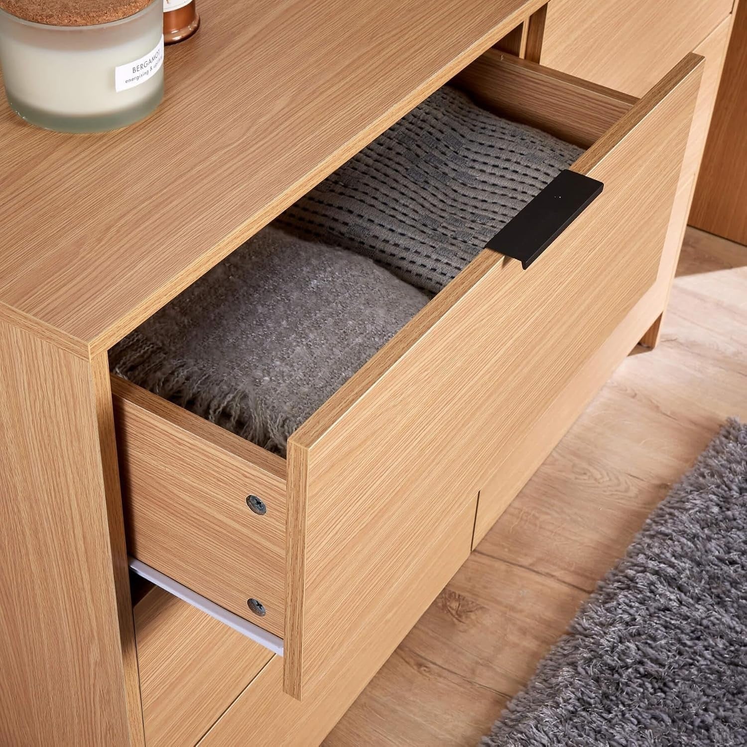 Oak 6 Drawer Chest of Drawers Storage Cabinet Wide Modern Bedroom Unit