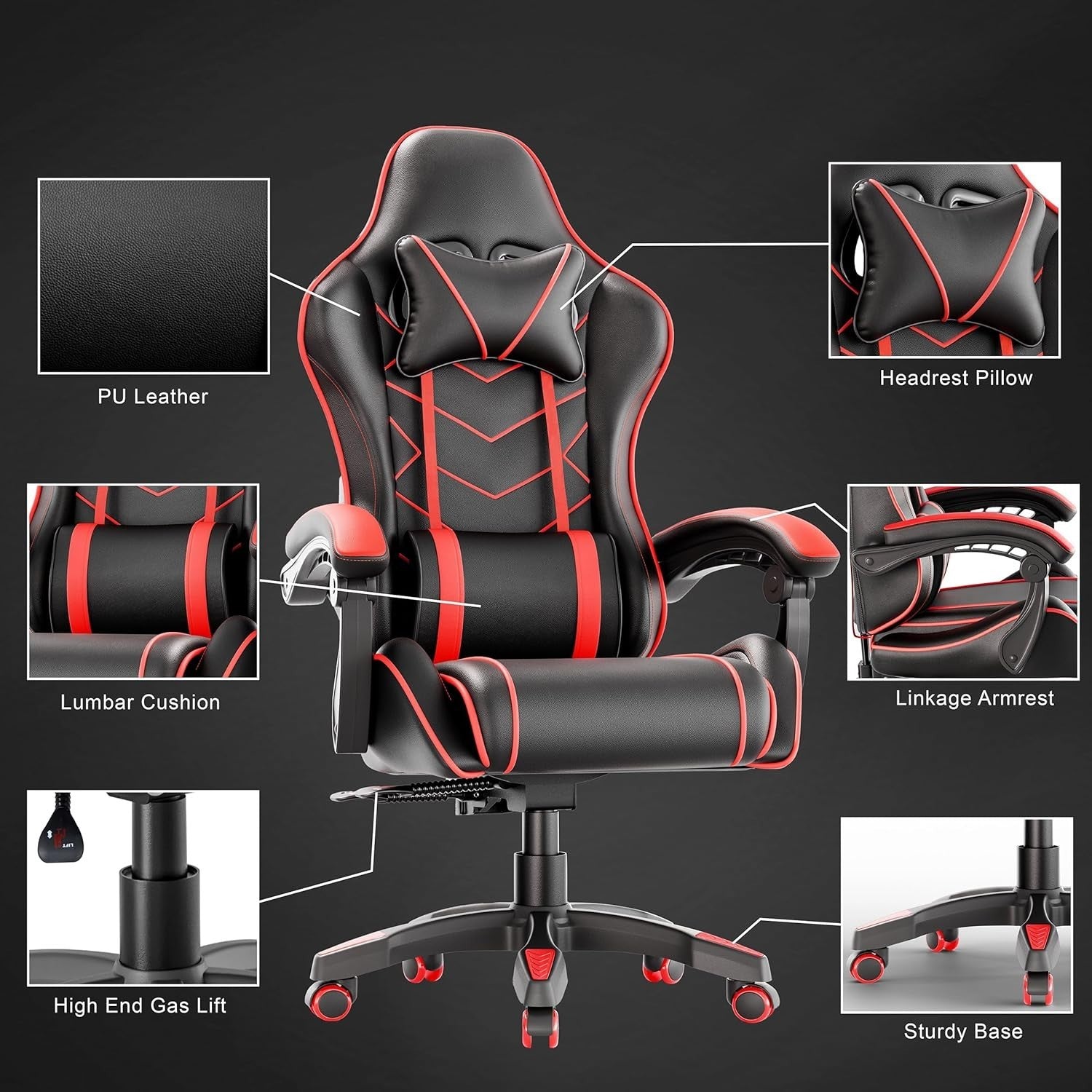 Ergonomic PU Leather Gaming Office Chair Recliner High Back Swivel 150KG Support