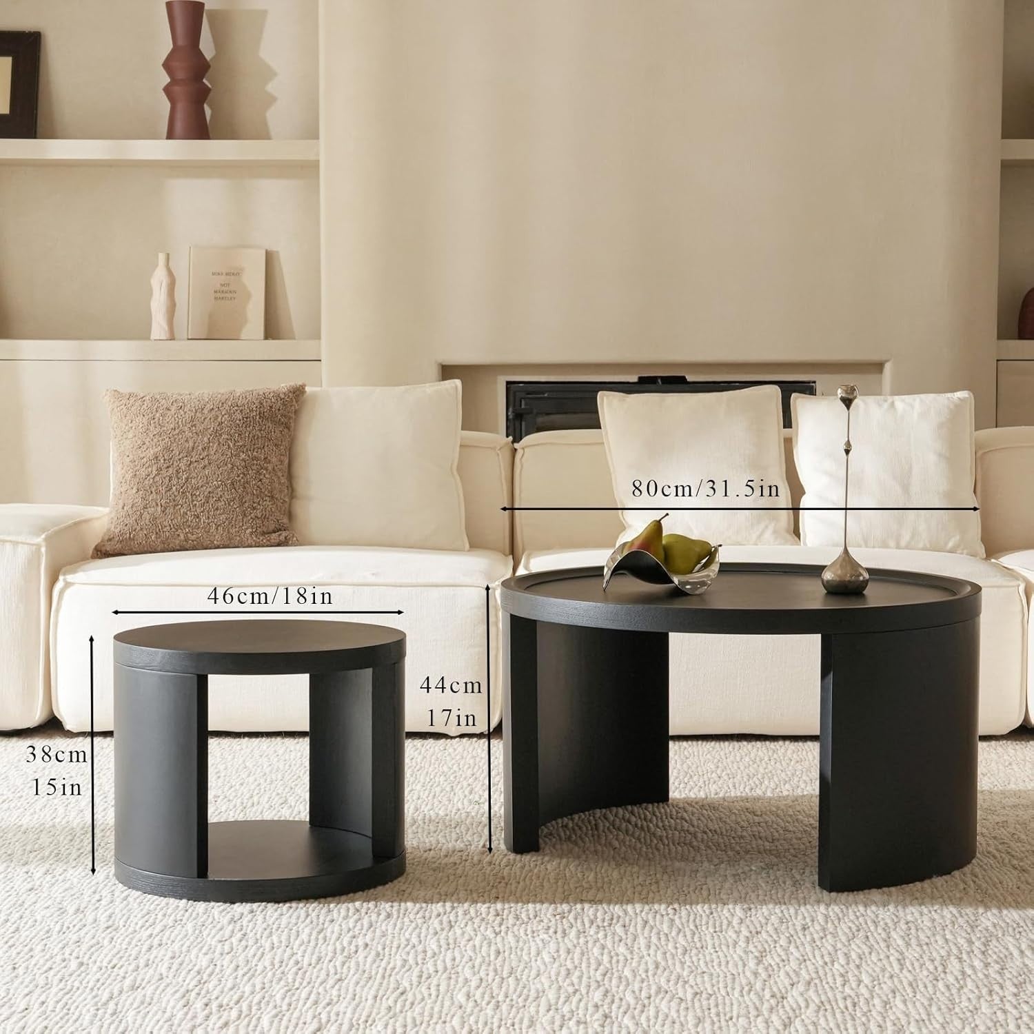 Set of 2 Round Coffee Tables, Pine Wood Side Tables, Black 80/46cm