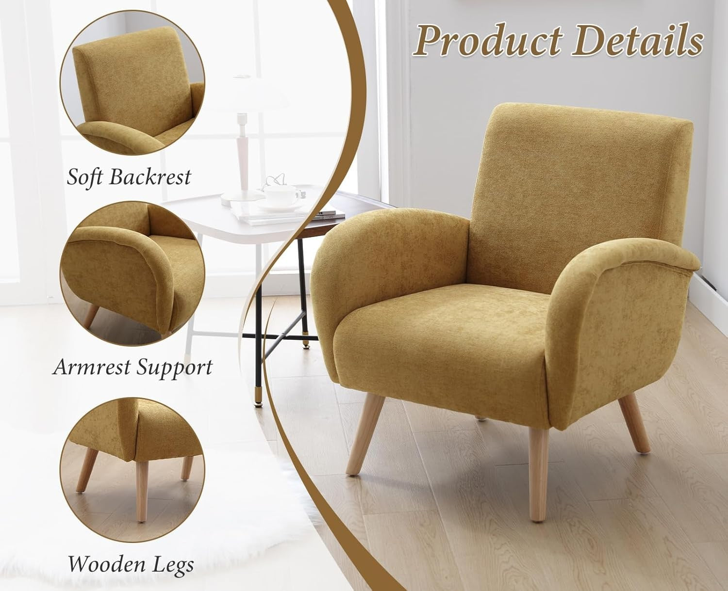 Yellow Chenille Accent Armchair High Back Lounge Chair Wooden Legs Modern
