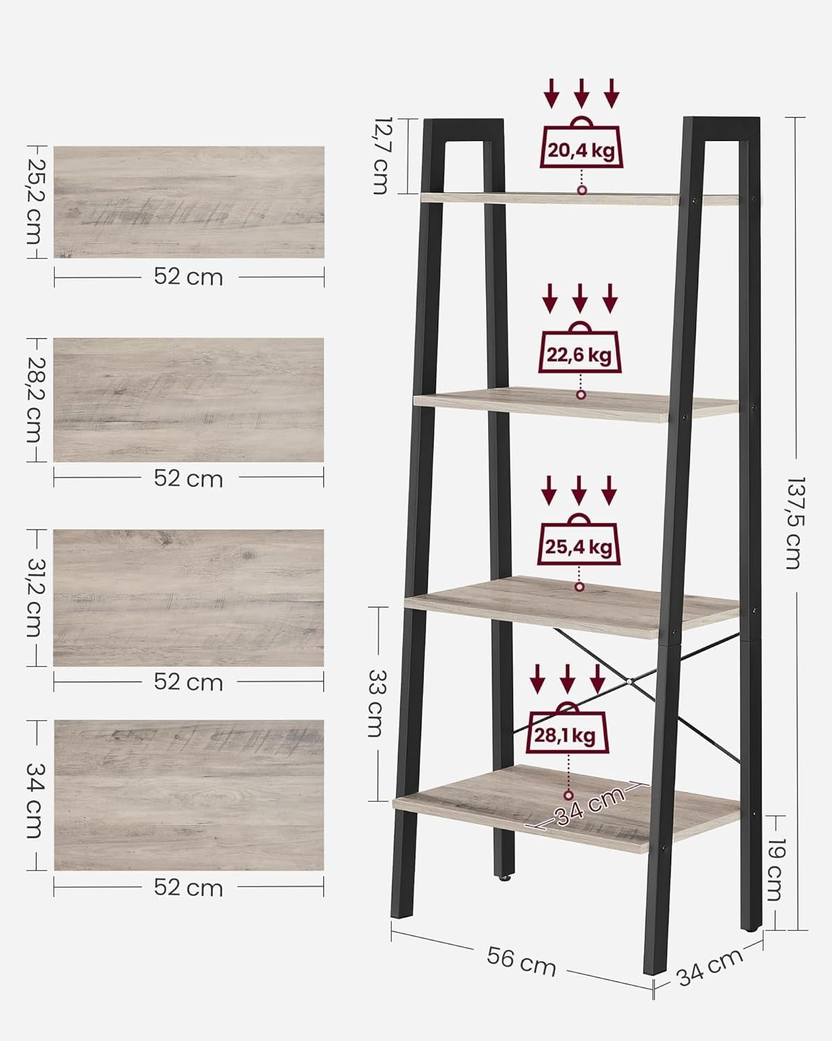 4-Tier Industrial Ladder Shelf Storage Rack Adjustable Steel Frame Bookshelf