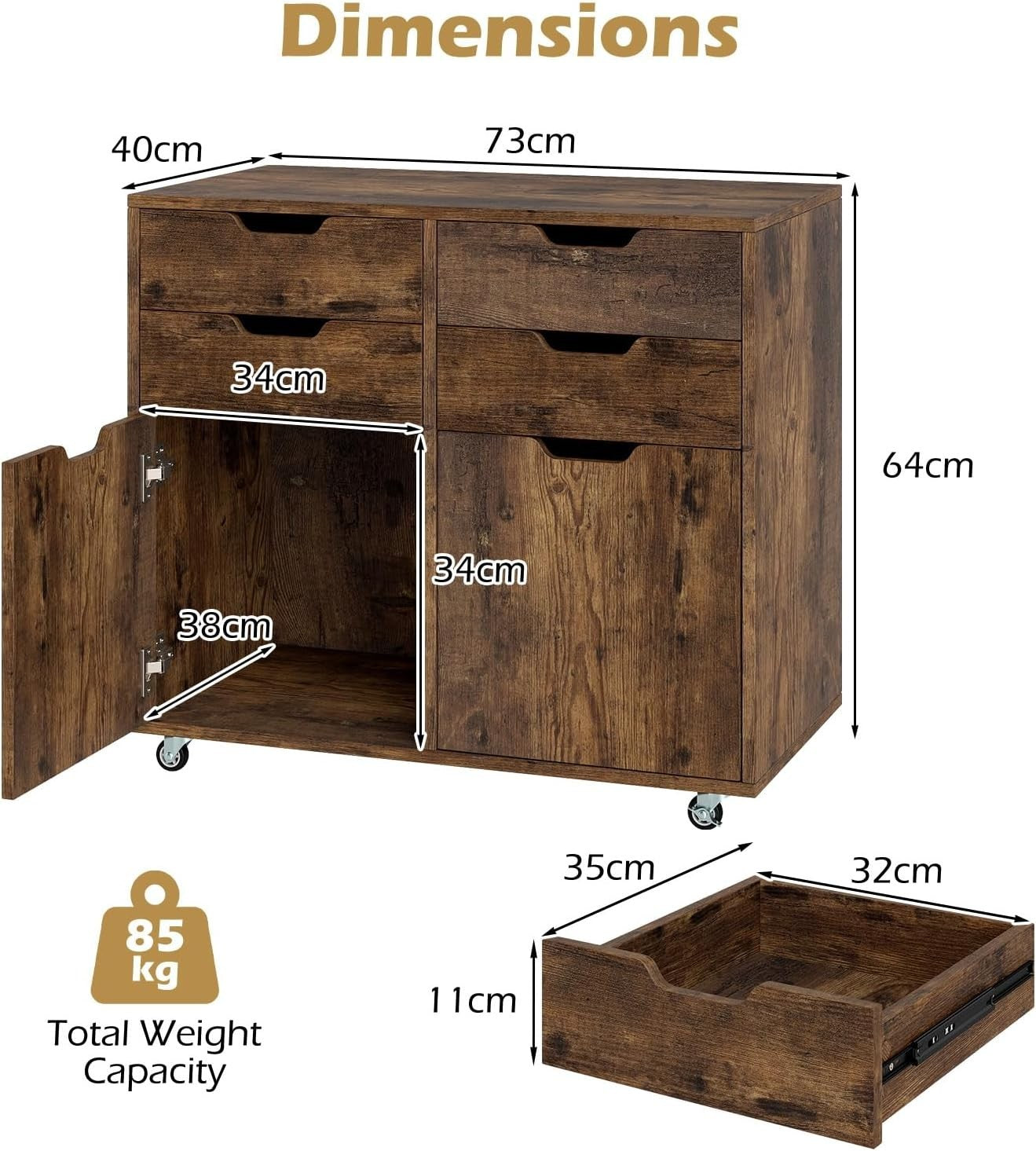 Rustic Mobile File Cabinet 4 Drawer 2 Door Rolling Printer Stand