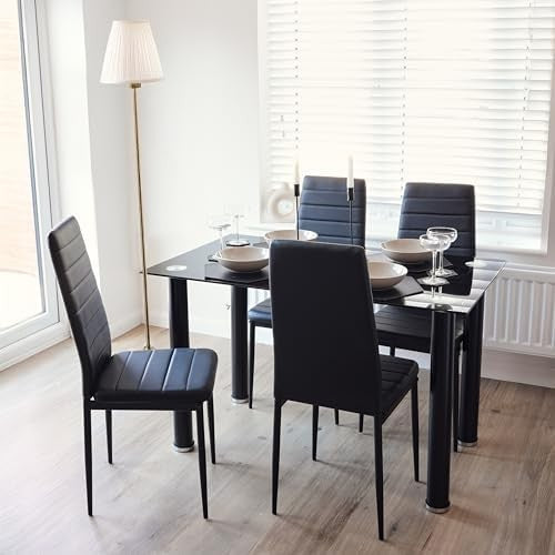 Black Glass Dining Table Set 120x70x75cm with 4 PU Leather Chairs