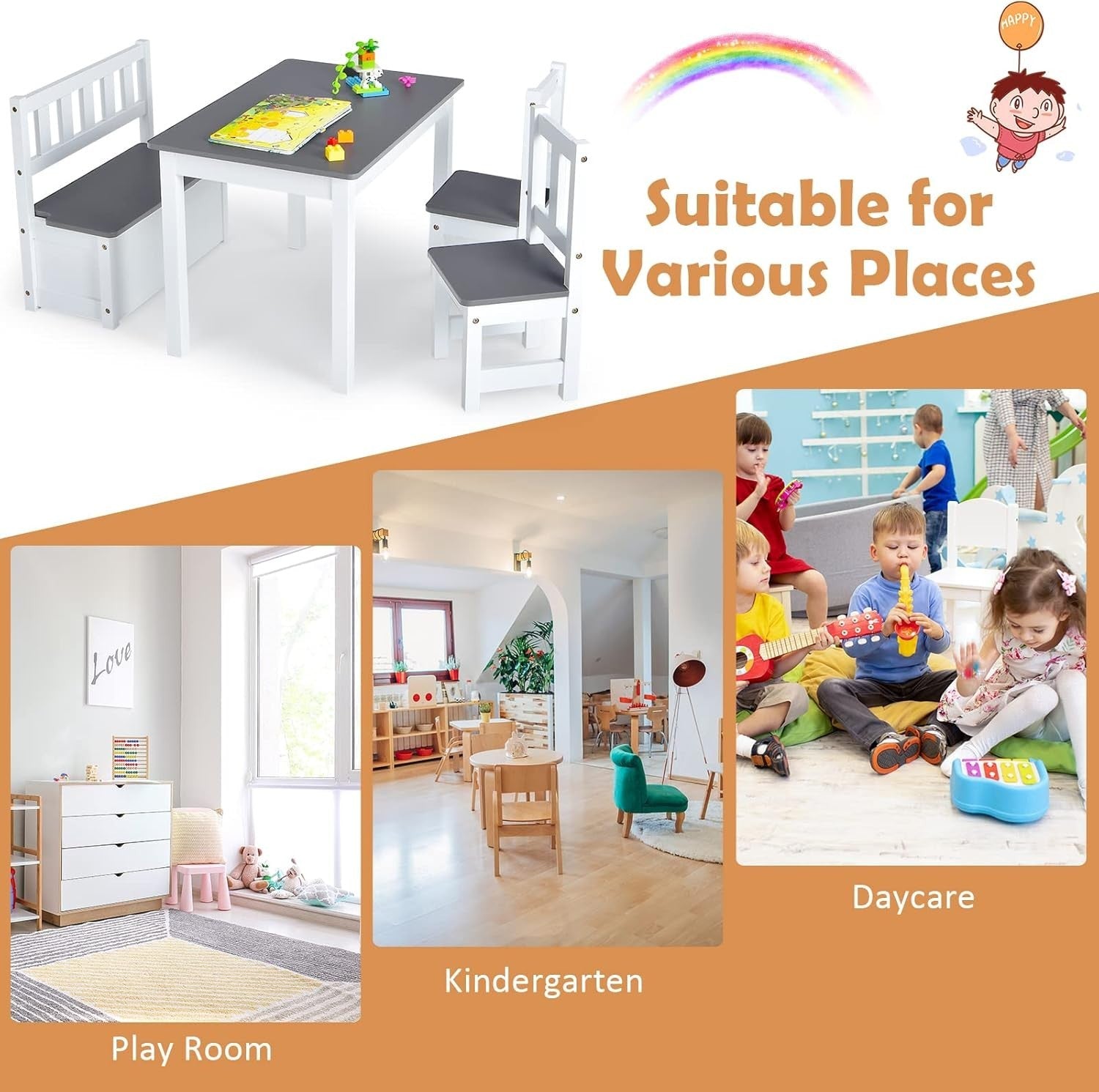 Kids Table Chair Set with Storage Bench 4pc Furniture Grey Playroom Desk