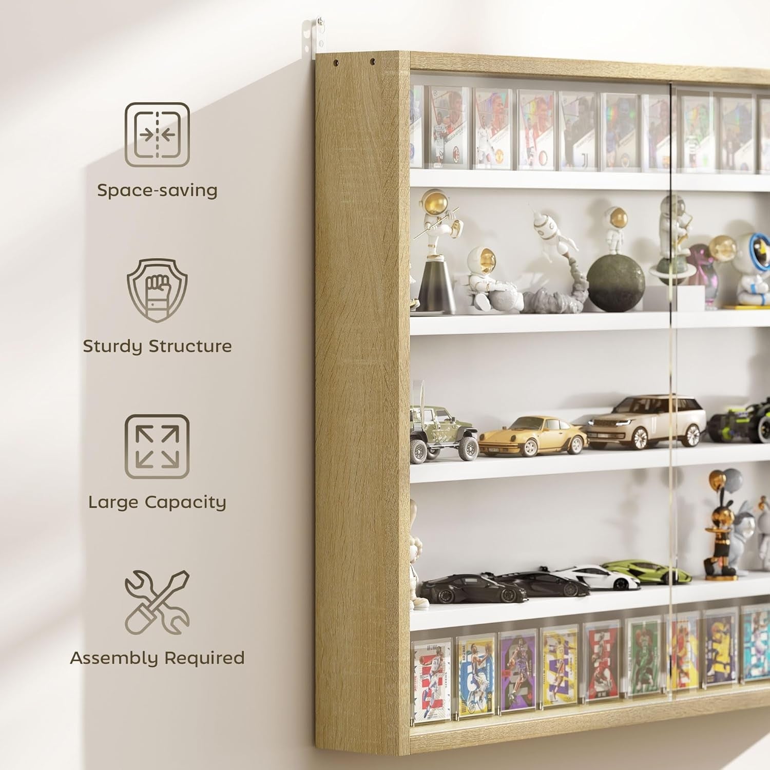 5-Tier Natural Wood Display Cabinet | Wall-Mounted Glass Sliding Door Shelf 60×8