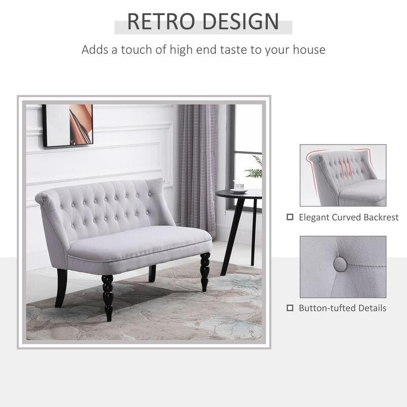 2 Seater Vintage Sofa Bench w/ Tufted Back & Carved Legs – Grey Velvet Look