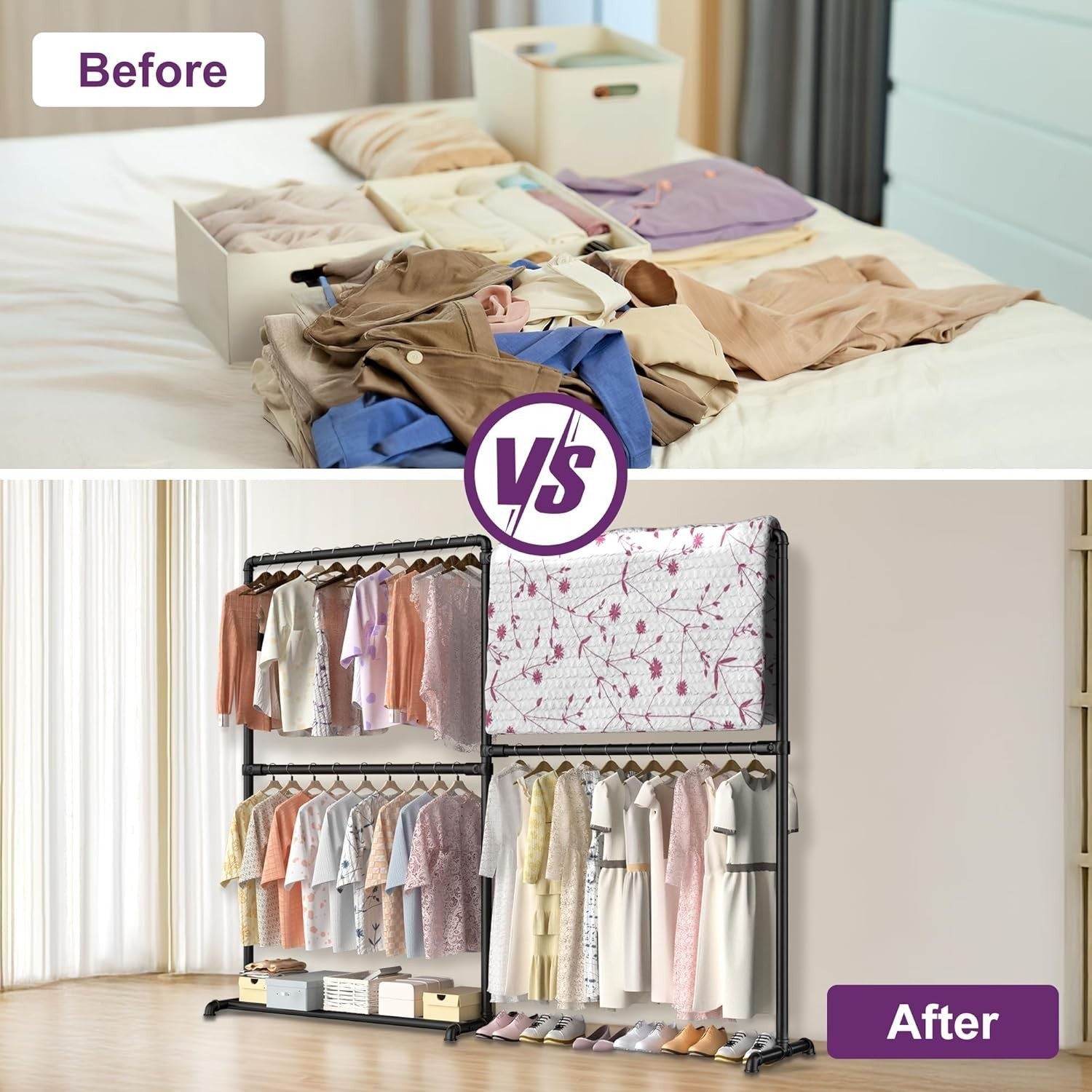 Heavy Duty Clothes Rail with Foldable Arms & Shelf Black