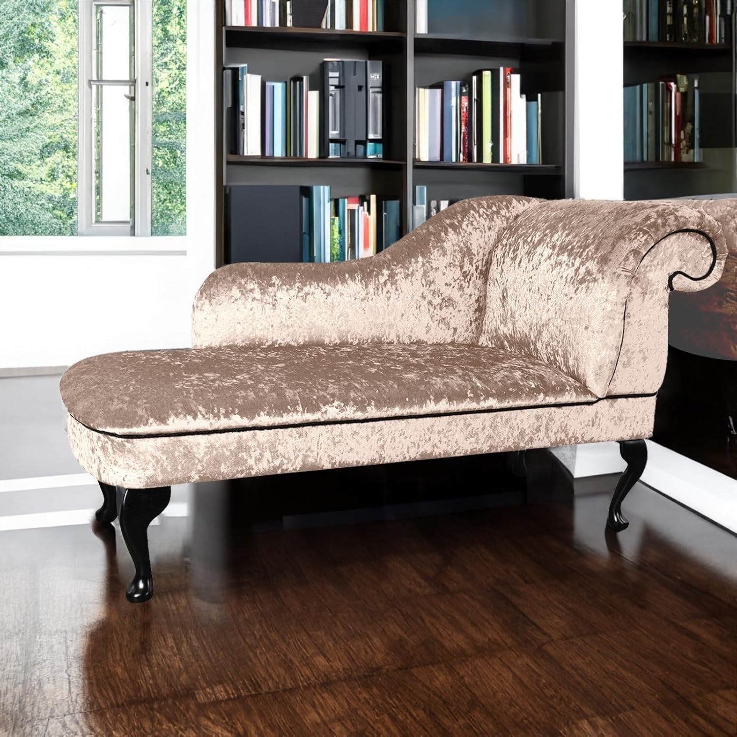 Luxury Left Hand Velvet Chaise Lounge Chair Mink with Queen Anne Legs.
