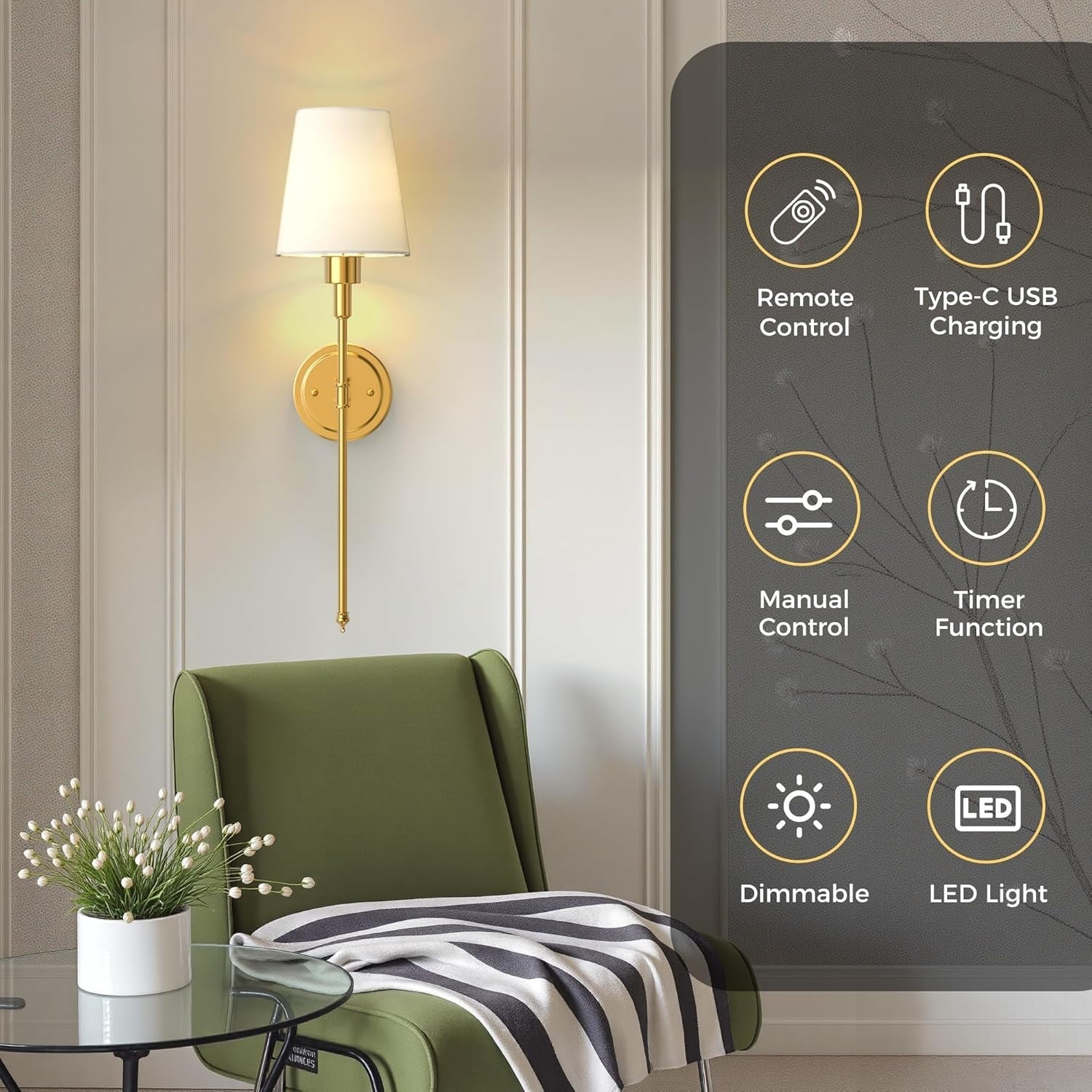 Wireless Battery Operated Wall Sconces Set of 2, Remote & Dimmable