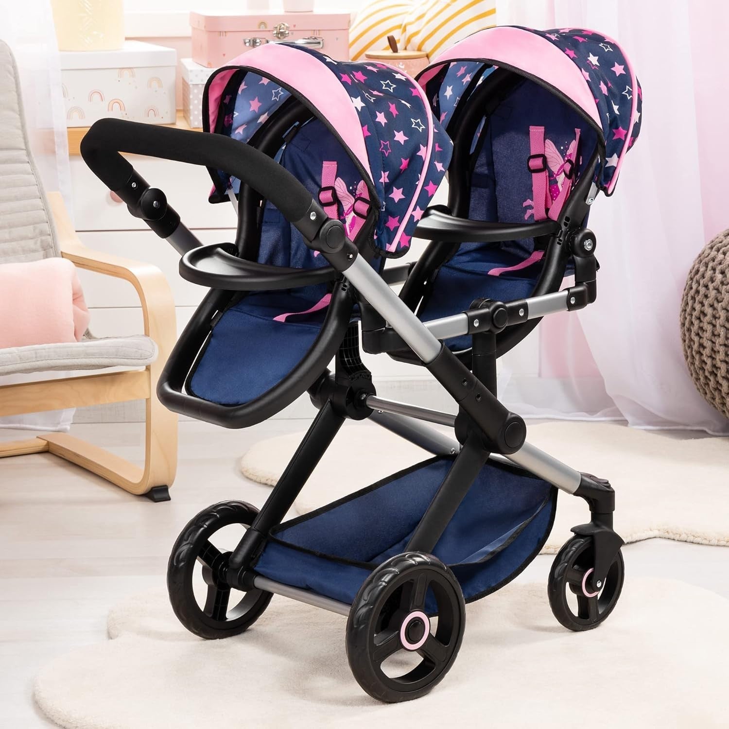 Twin Dolls Pram Double Pushchair Adjustable Handle Reversible Seats