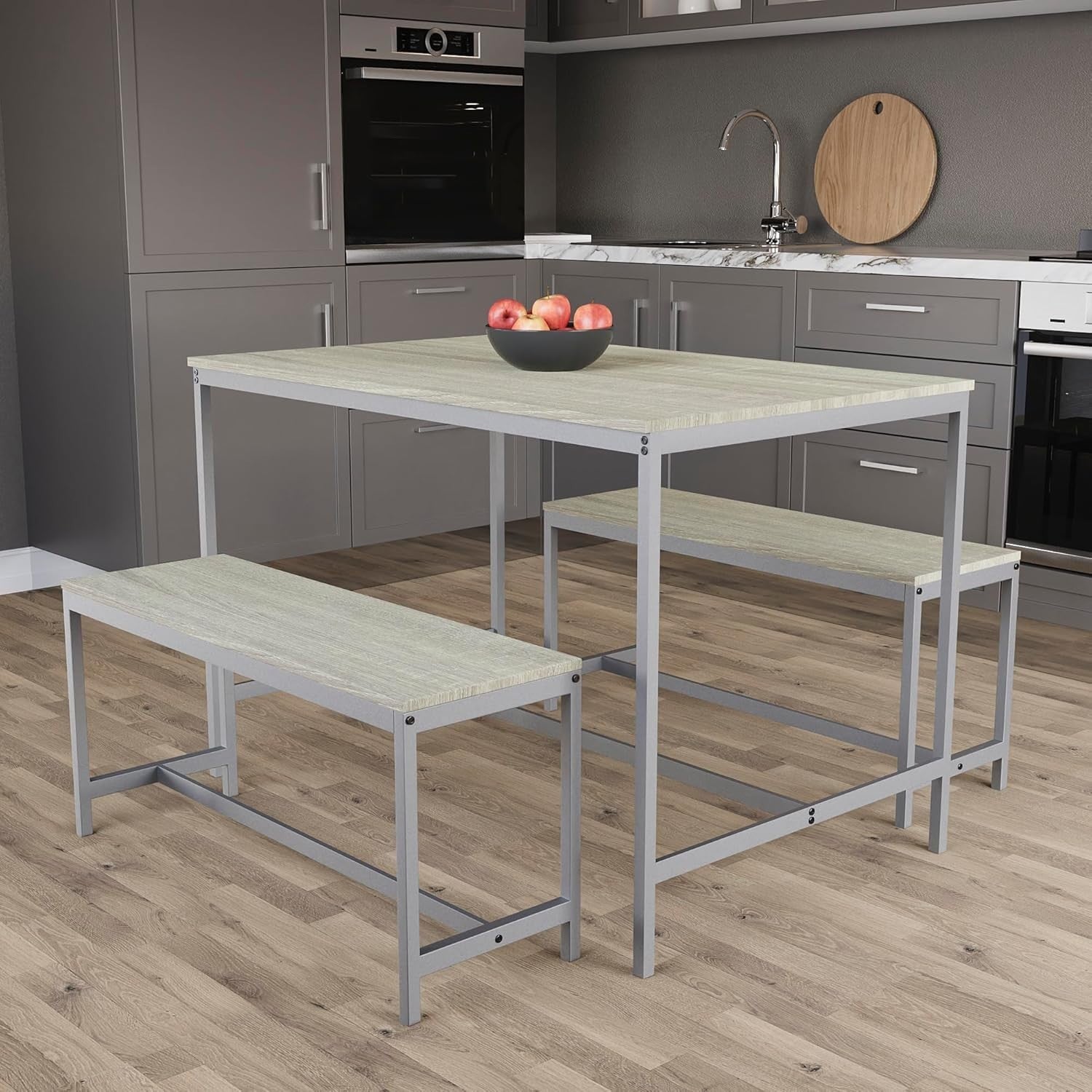 4 Seater Dining Table & Benches Set - Oak Wood Top, Compact Metal Frame
