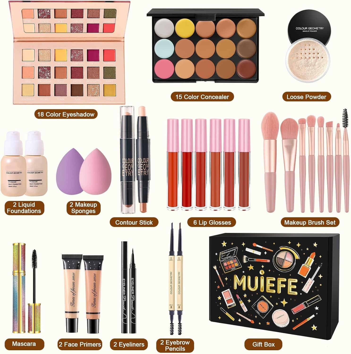 45PCS All-in-One Makeup Kit – Eyeshadow, Lipstick, Brushes & More
