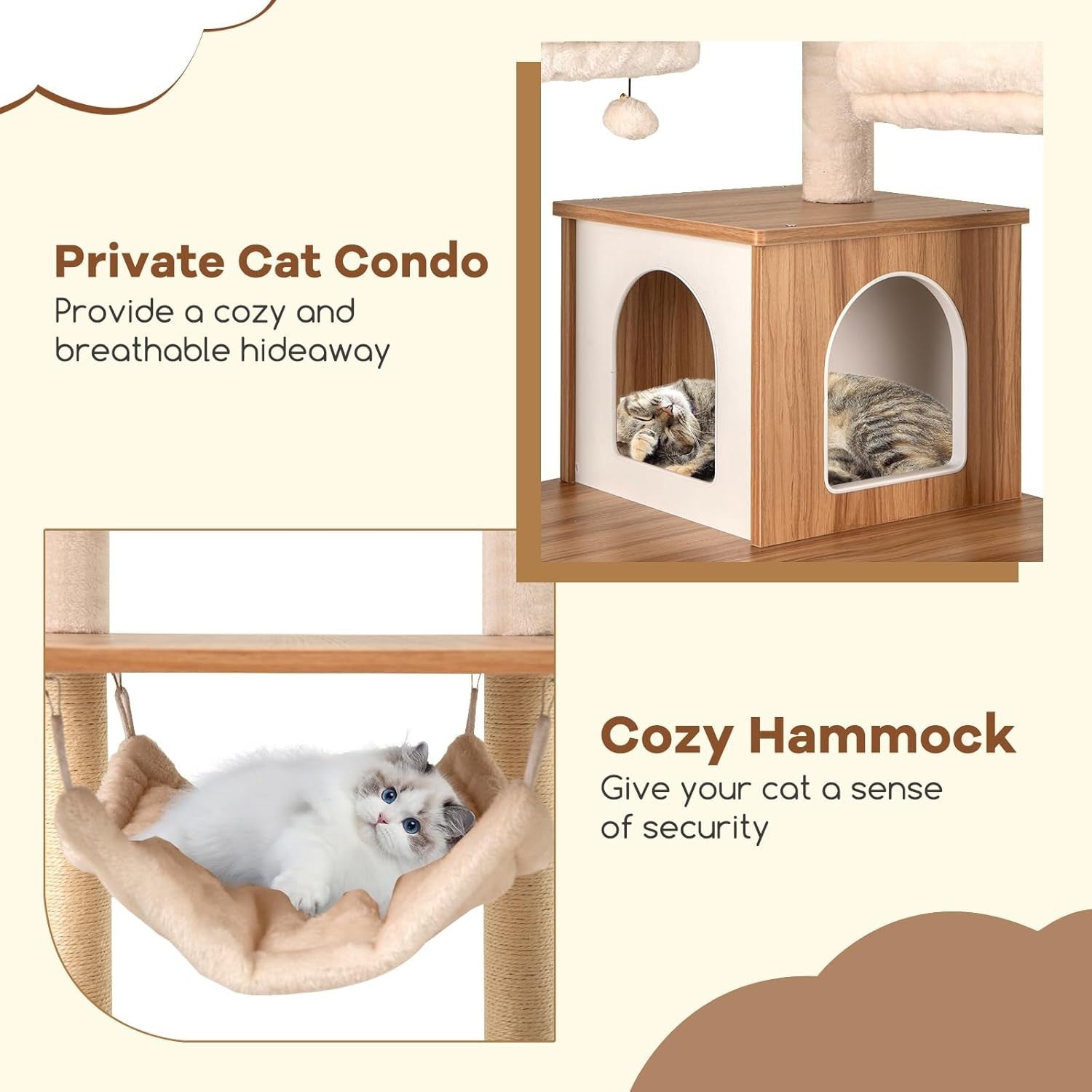 Luxury Wooden Cat Tree 168cm Multi Level Scratching Tower with Hammock Condo