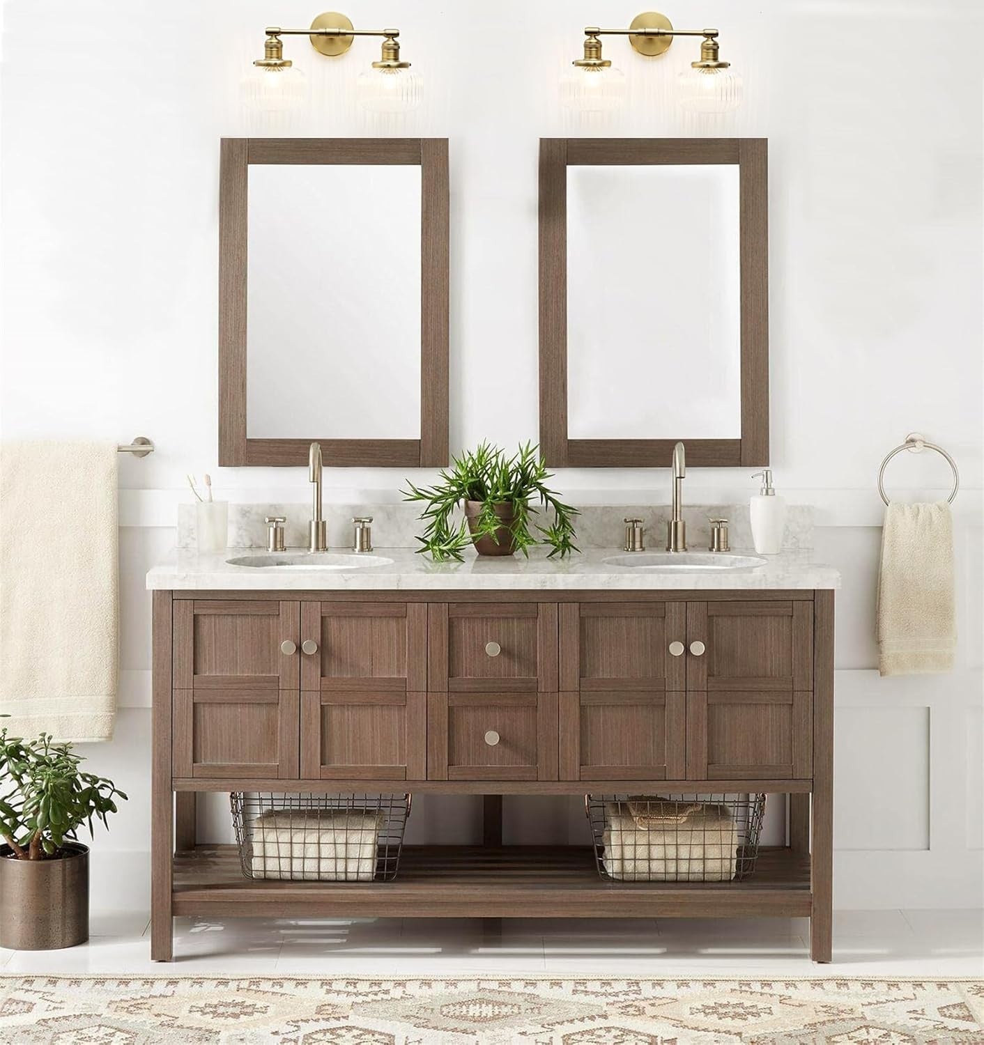 Industrial 2-Light Antique Brass Glass Wall Sconce | Vintage Bathroom Vanity Lig