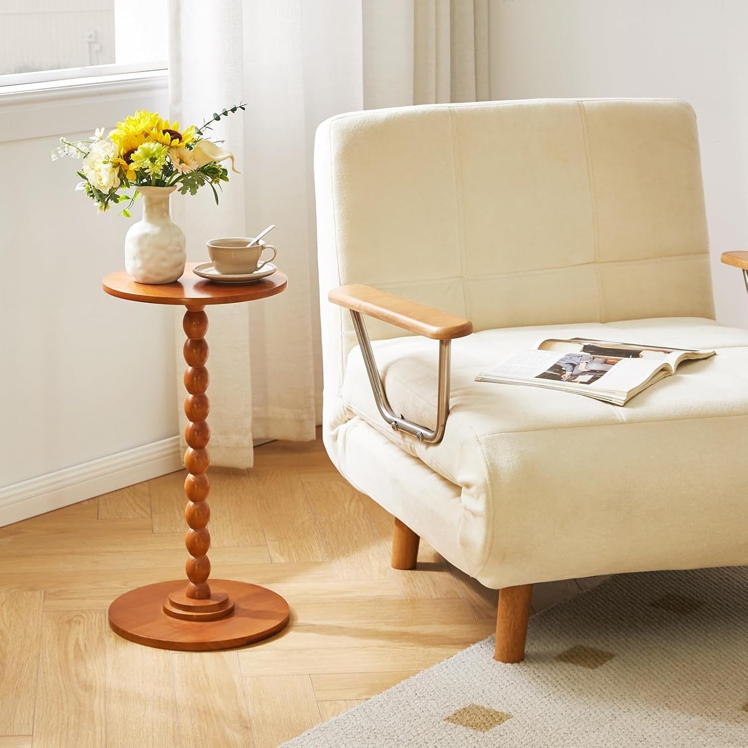 Cherry Wood Round Side Table – Modern Small Accent Table with Solid Wood Base