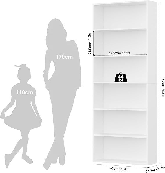 White 6-Tier Tall Bookcase Storage Shelf Unit Modern Display Rack 60x23.5x180cm