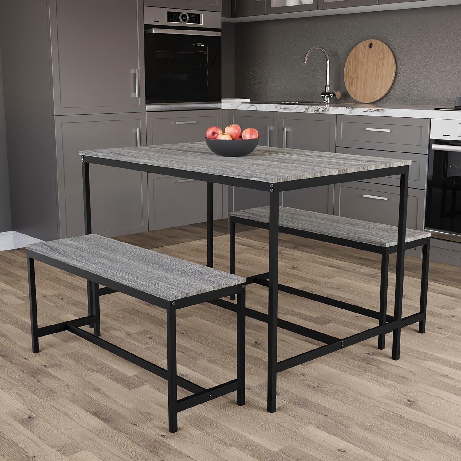 4 Seater Dining Table Set with 2 Benches - Solid Metal Frame, Modern Design