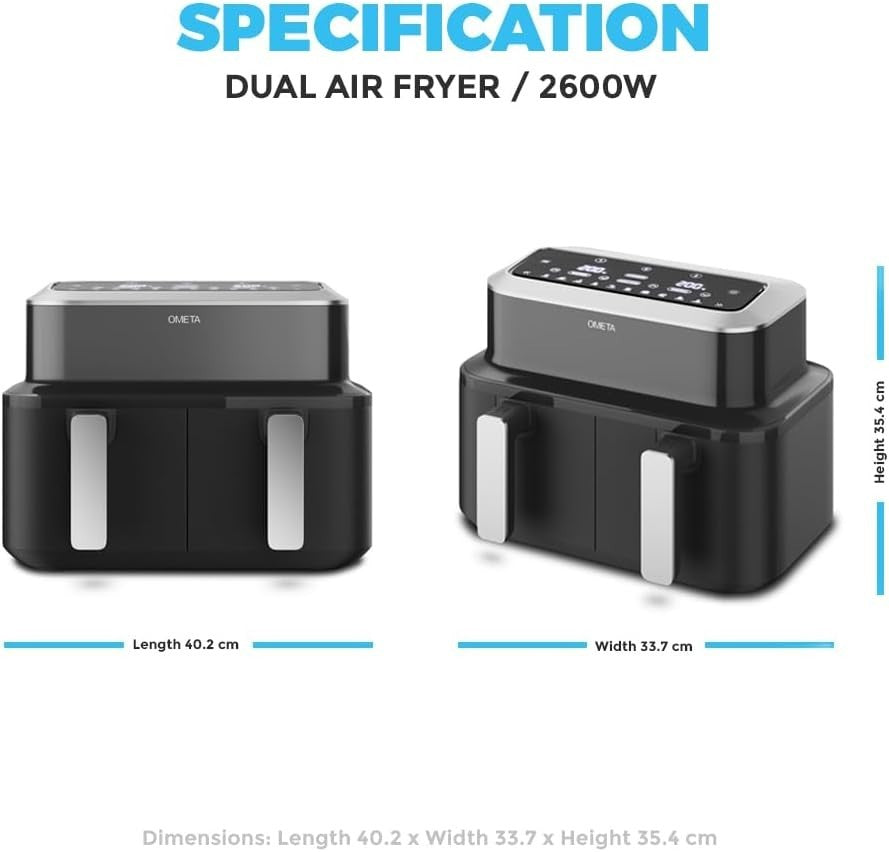 Dual Air Fryer 9L 3 Basket Set Dishwasher Safe Match Sync Cook 10 Presets