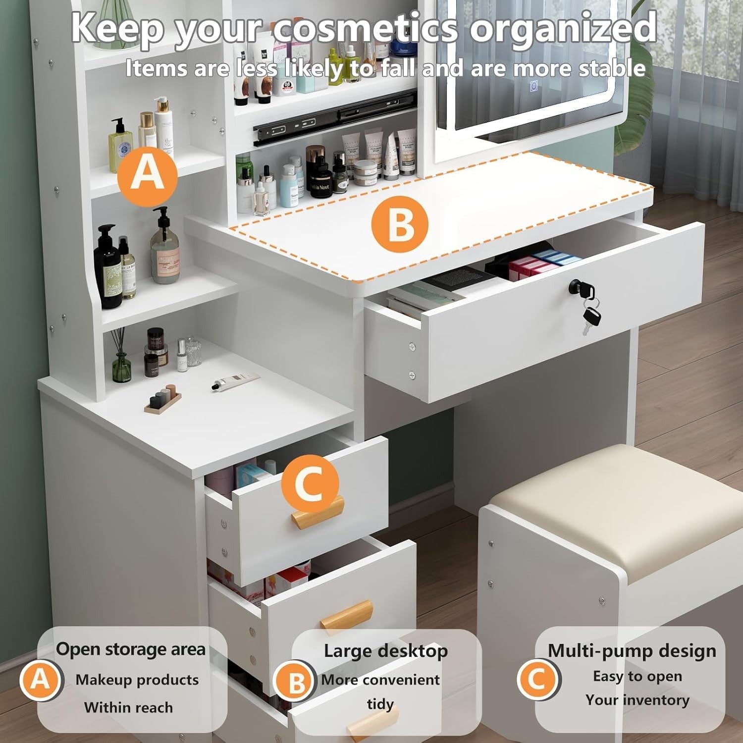 White Dressing Table Vanity Set w/ LED Light Mirror Storage Drawers Modern