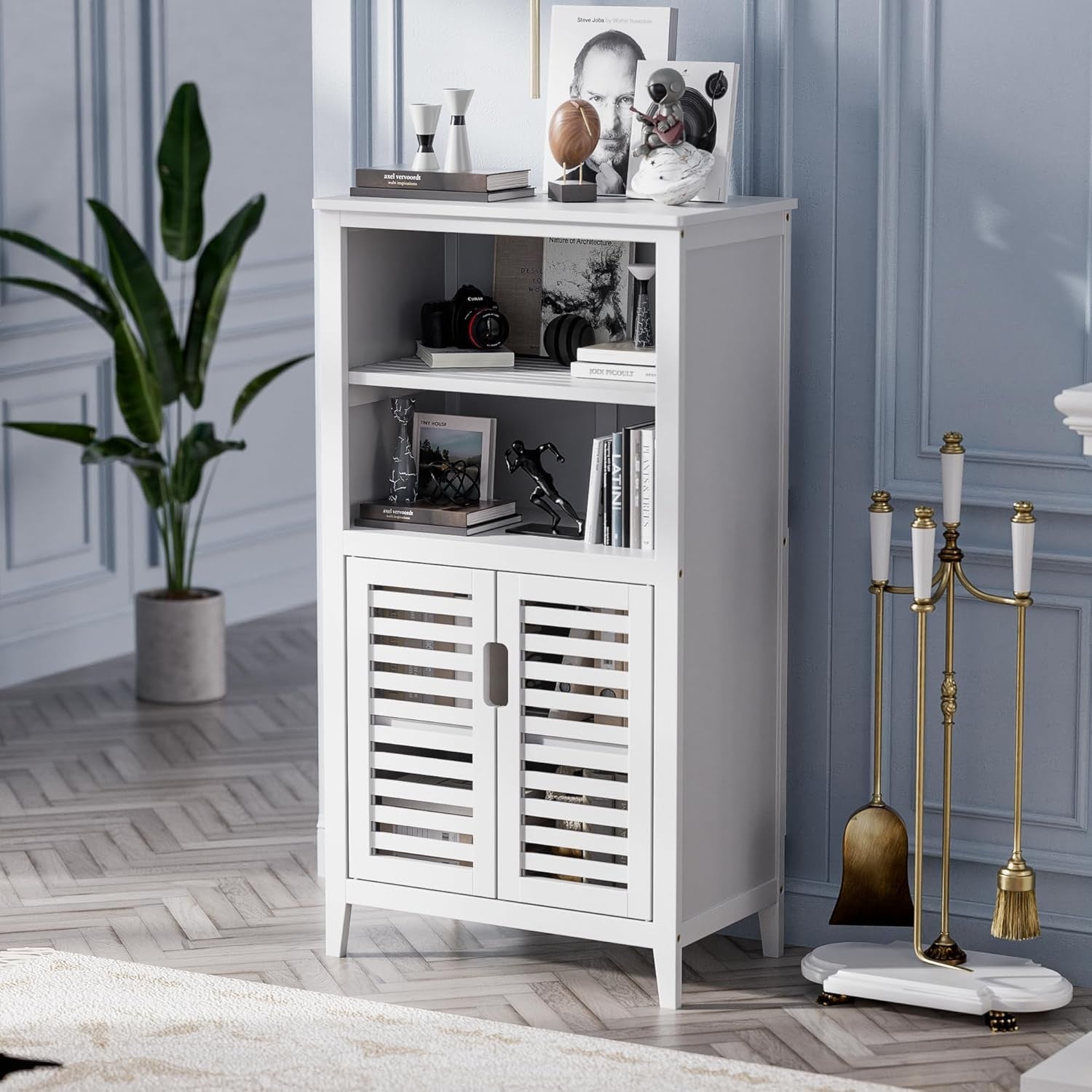 White Bamboo Storage Cabinet with Shutter Doors Adjustable Shelves