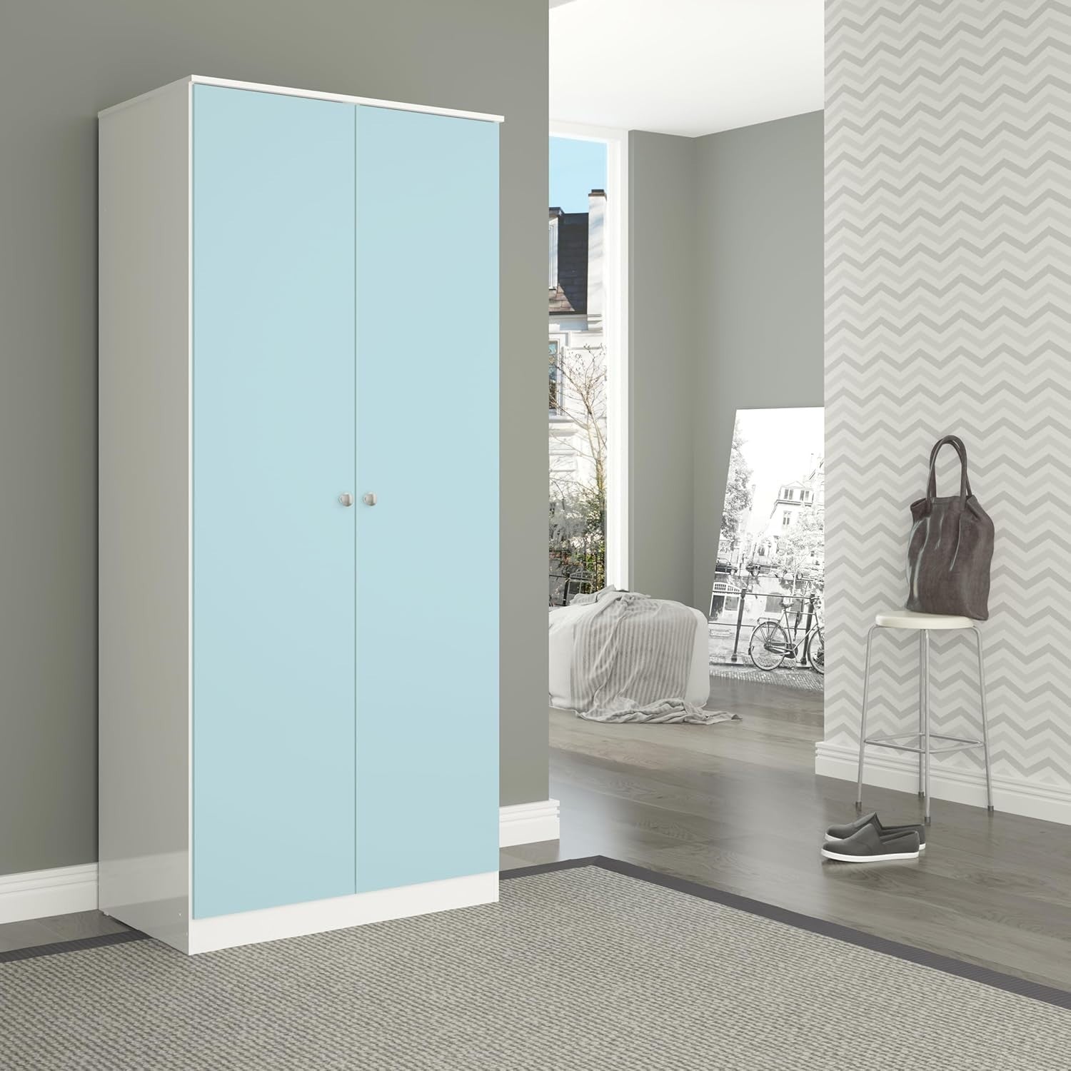 2 Door Gloss Wardrobe Blue White Compact Clothes Storage Modern Design