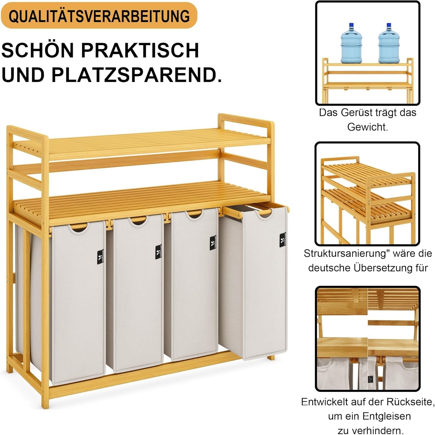 200L 4-Section Laundry Sorter Bamboo Frame With Shelf Removable Bags Grey