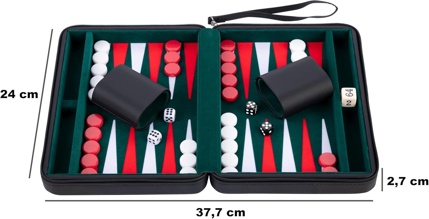 Travel Backgammon Set 9in Deluxe Faux Leather Zip Portable Board Game