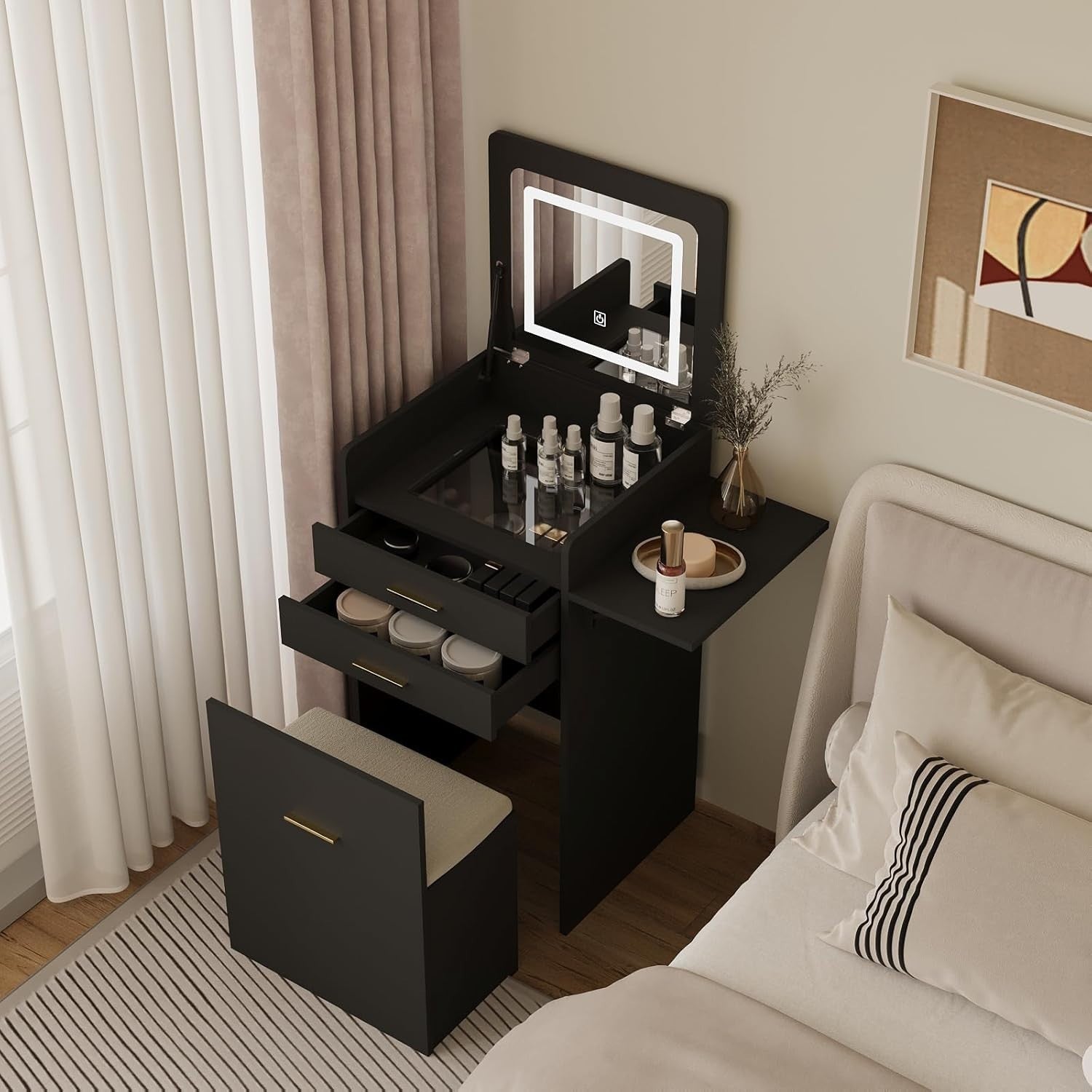 Black Foldable Vanity Desk w/ Lighted Mirror & Stool Small Space 2 Drawers