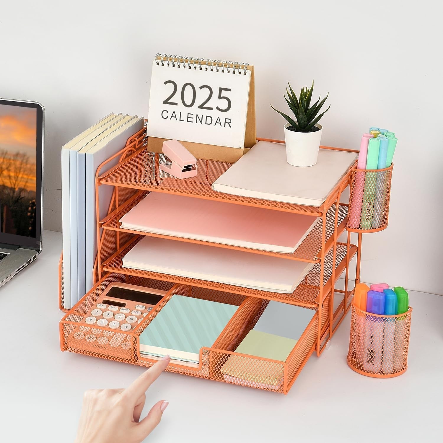 4-Tier Desk Organizer Metal File Holder Drawer Pen Storage Orange