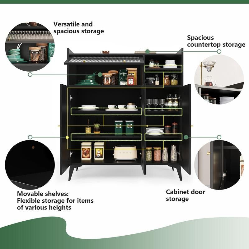 Black Sideboard Cabinet with Glass Door Gold Handles Modern Storage Unit