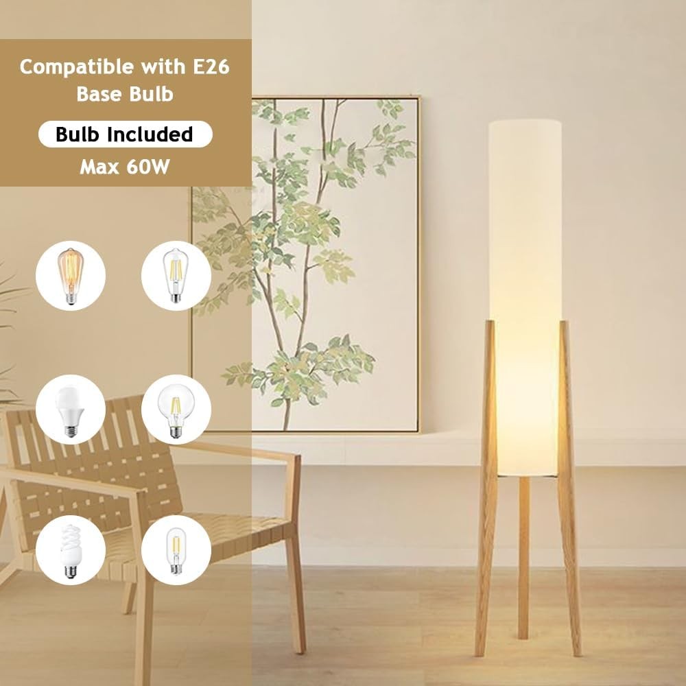 Wabi Sabi Wooden Tripod Floor Lamp Linen Shade Tall Standing Light E26