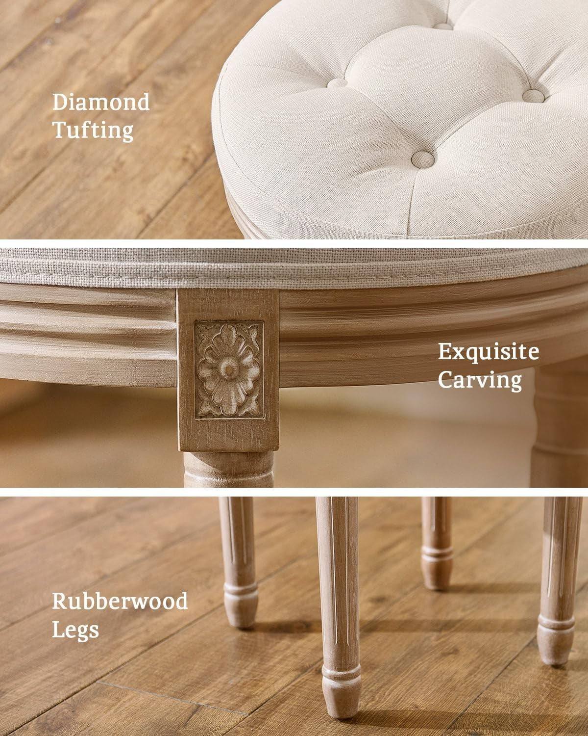 Beige French Vintage Round Ottoman Stool – Tufted 45cm Vanity Seat