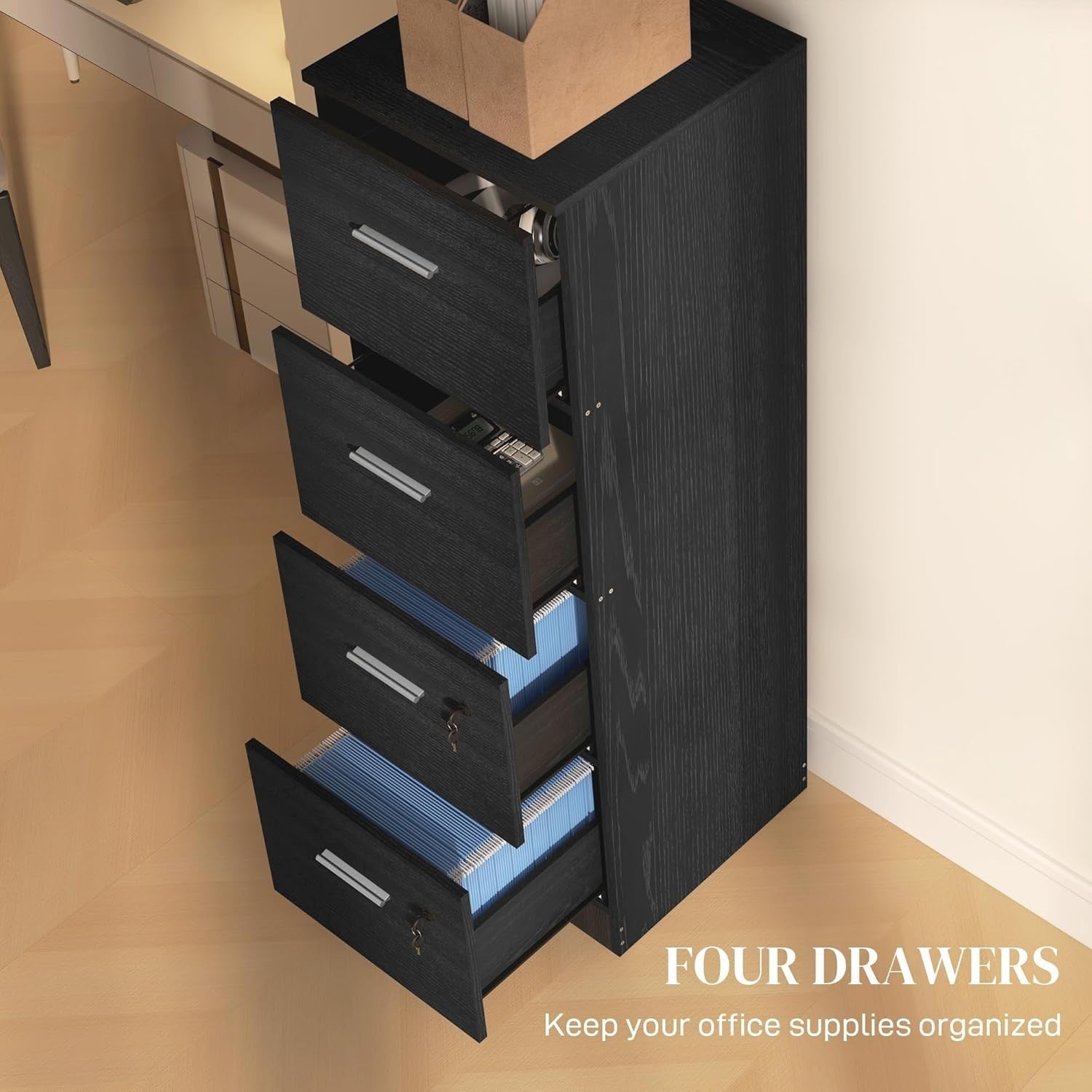 4 Drawer Vertical Filing Cabinet with Lock Office Storage Wood Effect Black