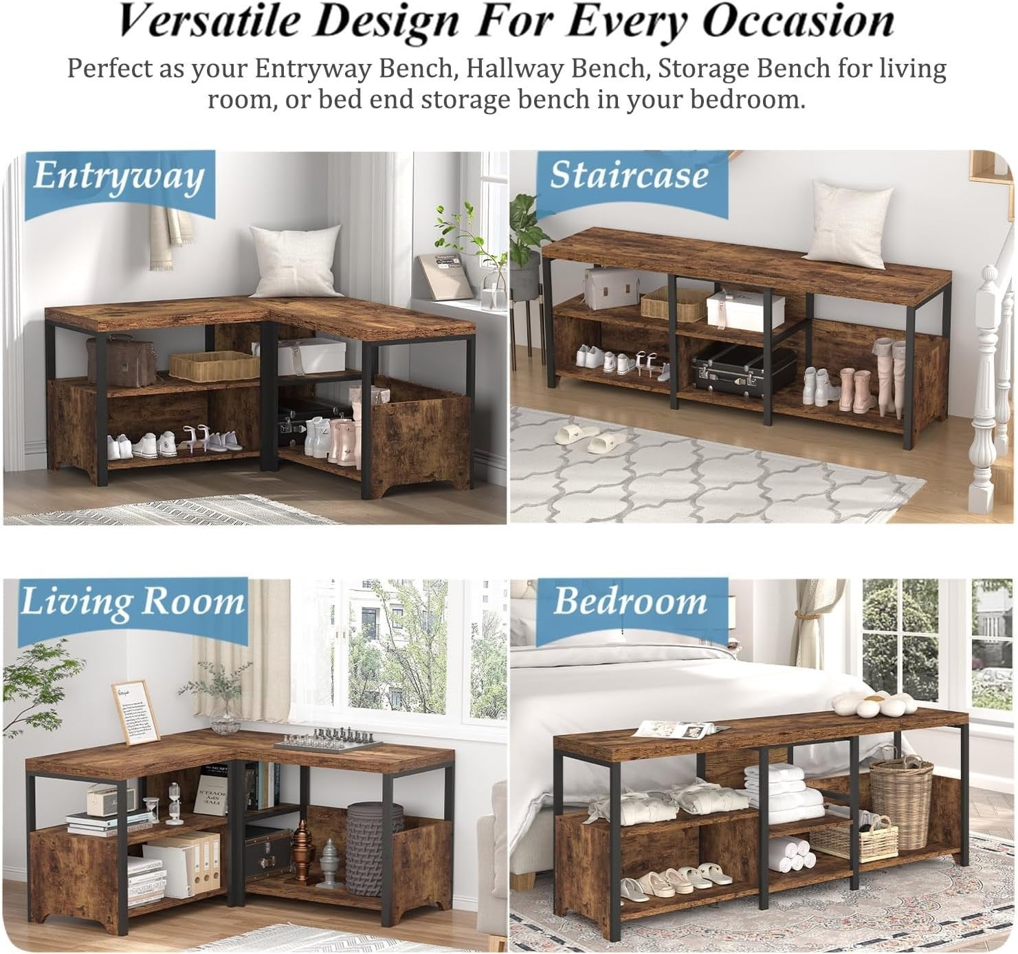 Rustic Brown Entryway Bench 145cm Shoe Storage Hallway Corner Seat